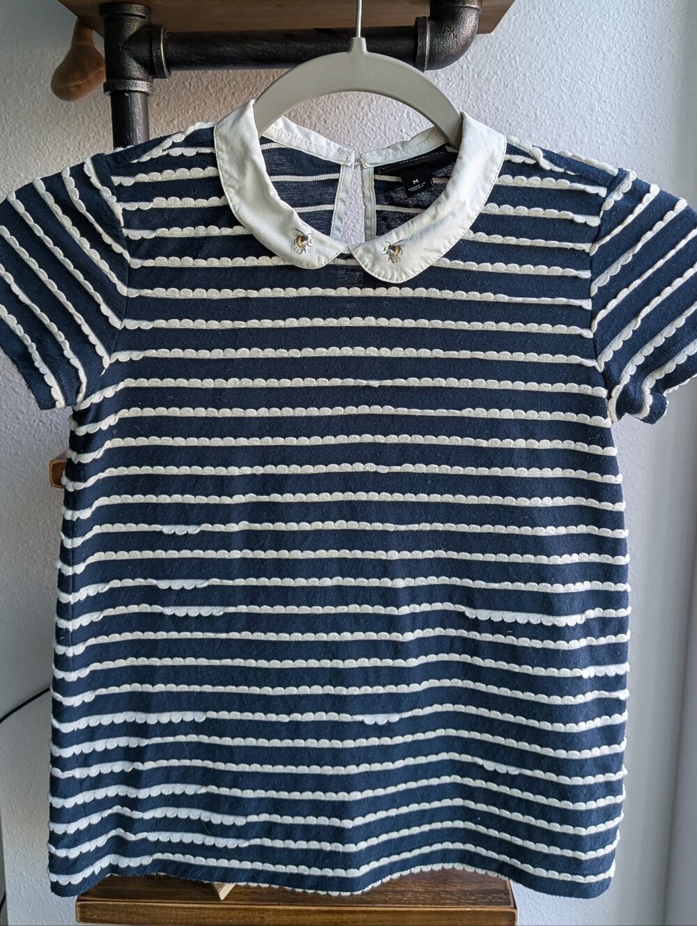 Victoria Beckham Target Navy Striped Bee Collar Top Medium Short Sleeve Scallop